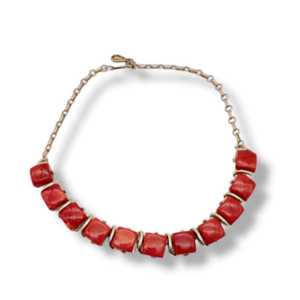 Coro Vintage Women's Orange Square Necklace Gold Tone Chain